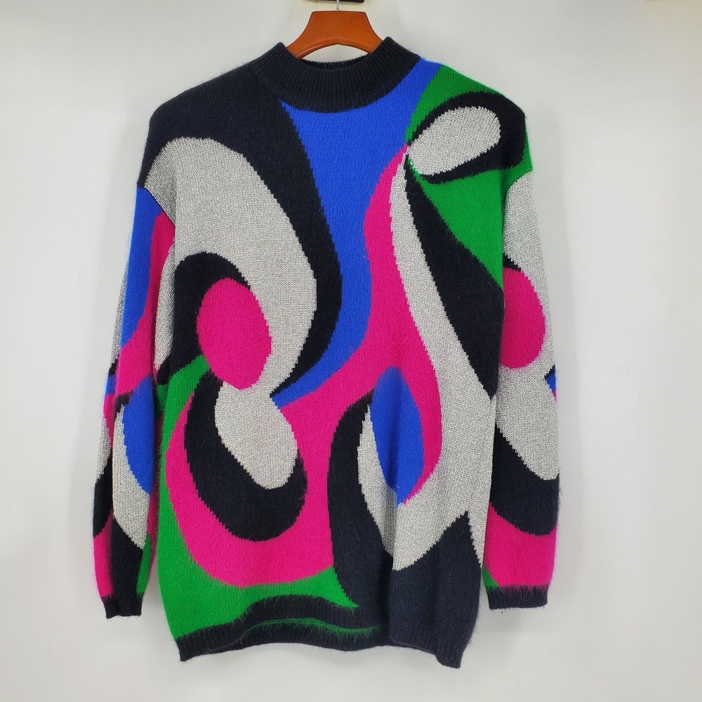 Vintage Rafaella Angora Lambswool Abstract Swirl Metallic Sweater Mock Neck 80s